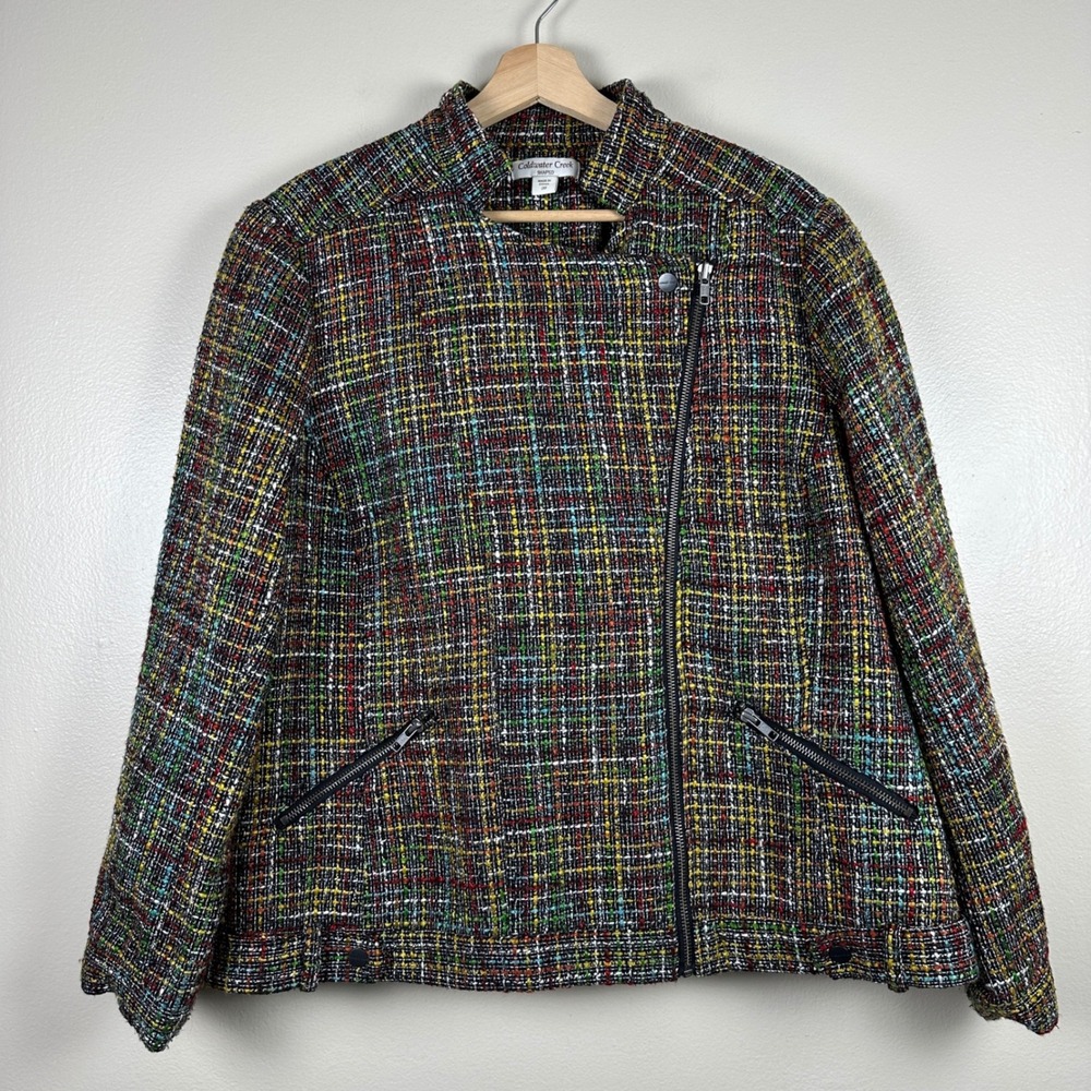 Coldwater Creek Women's 20 Moto Jacket Multi Color Tweed Asymmetrical Zip Wool